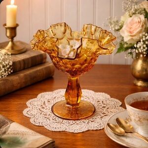 VTG Fenton Colonial Amber Thumbprint Ruffled Compote – Mint